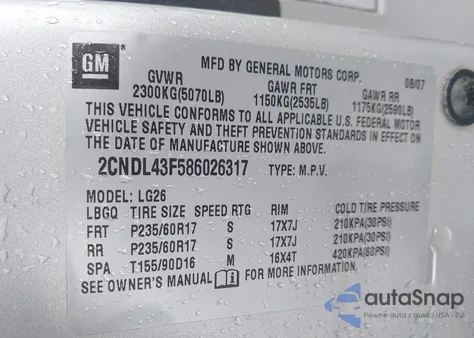 2008 Chevrolet Equinox Lt z USA, uszkodzony, nr VIN 2CNDL43F586026317